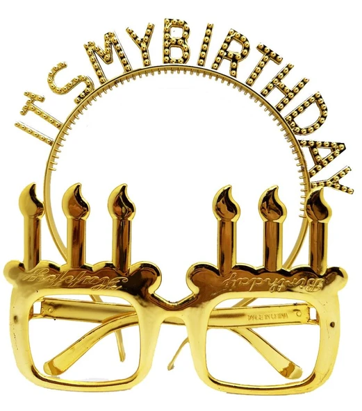 İt'sMyBirthdayYazılıTaçveMumŞekilliGözlükSetiAltınRenk