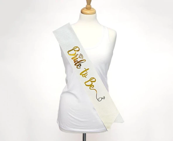 Beyaz Üzeri Altın İtalik Alyanslı Bride To Be Yazılı Simli Işıltılı Kuşak Kemer 10x80 cm - 5
