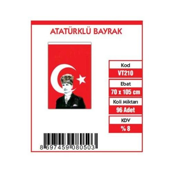 Vatan Türk Bayrağı Atalı 100 Polyester 70x105 VT210