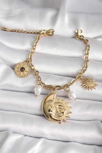 316L Çelik Gold Renk Ay Dede Güneş Figür Güneş Detay Kadın Bileklik - TJ-BB6612