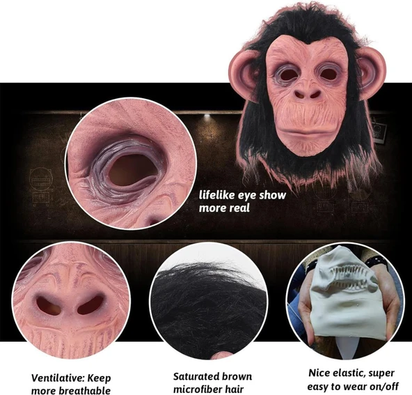 Siyah Saçlı Kafaya Tam Geçmeli LateŞempanze Maskesi - LateMaymun Orangutan Goril Maske Et Maske - 4