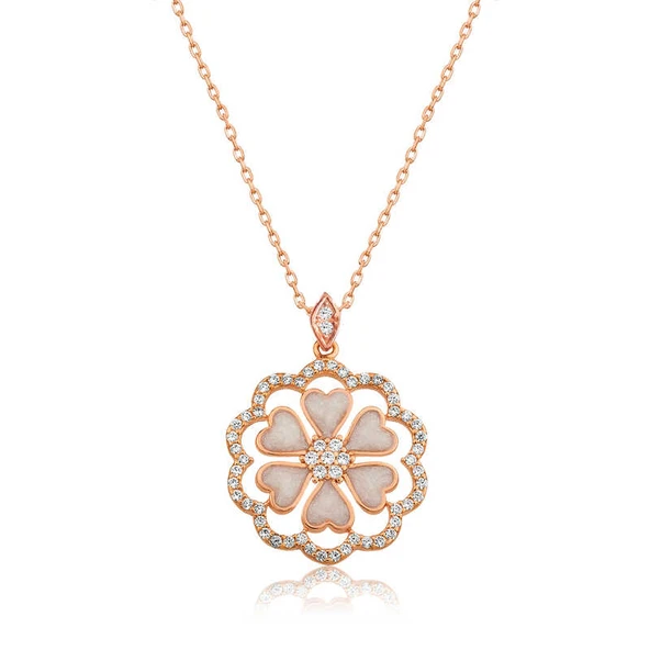 Gümüş Rose Kalp Çiçek Bayan Kolye - 1