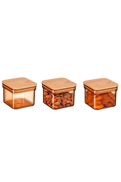 Madame Coco Kaviera Ahşap Kapaklı Saklama Kabı 3'lü - Amber - 500 ml - 3
