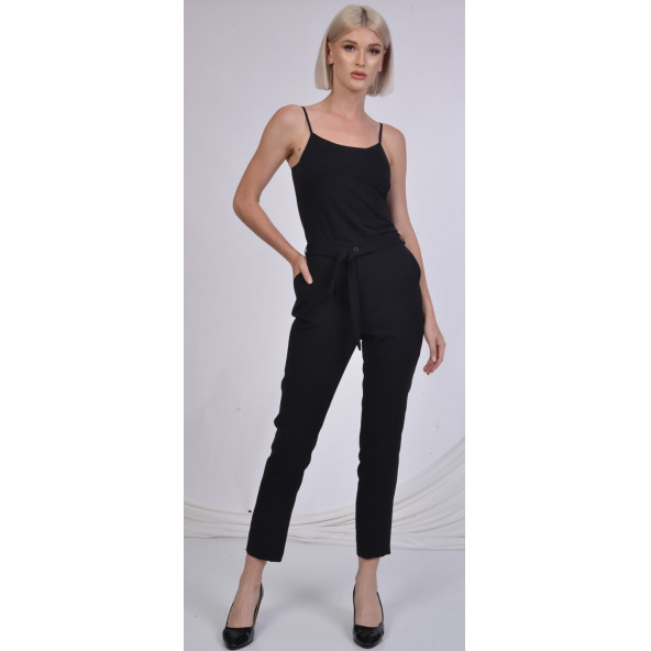 BAYAN BELİ LASTİKLİ CEPLİ YAZLIK PANTOLON SORALLİNE 1696 SİYAH