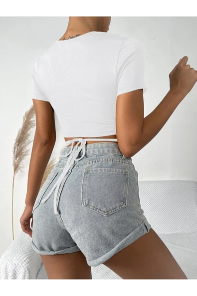 Beyaz Renk Bisiklet Yaka Düz Desensiz Likralı İpli Fitilli Kaşkorse Crop Top Kısa Kollu Bluz - 2
