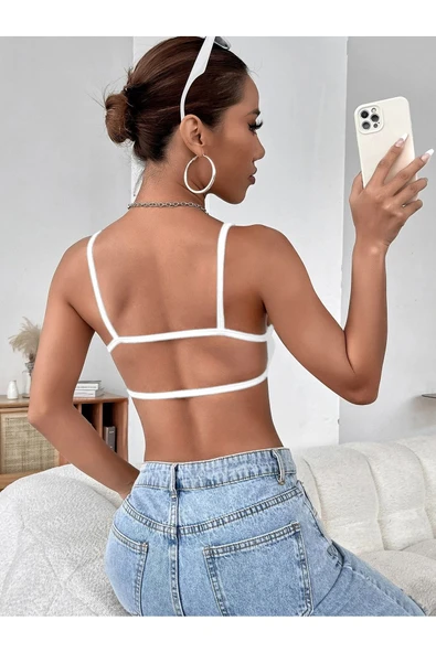 Kadın Beyaz Renk Sırtı Açık Ipli Sütyen Stil Super Crop Mini Büstiyer - 3