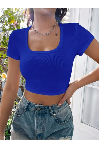 Kare Yaka Mavi Renk Fitilli Kısa Kollu Slim Fit Crop Top Bluz - 4