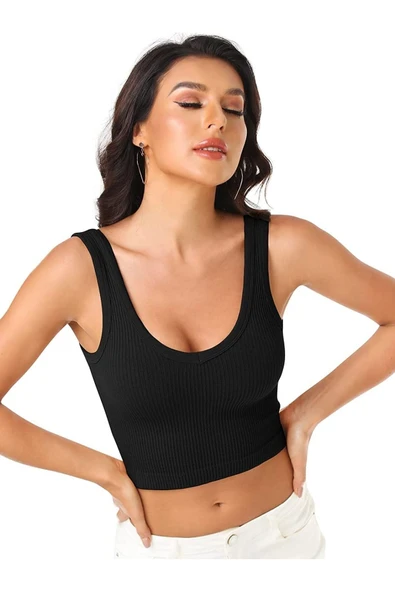 Kadın U Yaka Siyah Renk Crop Top Bluz Atlet