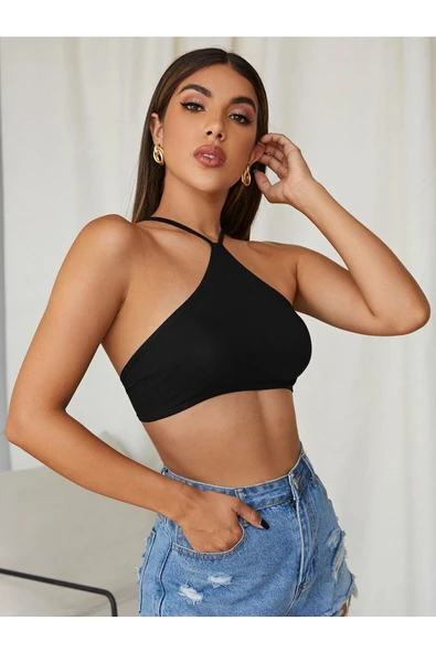 Kadın Siyah Renk Sırtı Açık Bağcıklı Sütyen Stil Super Crop Halter Bluz - 2