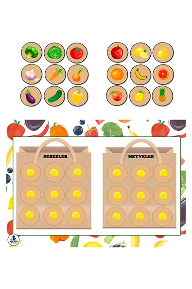 Meyveleri ve Sebzeleri Öğretici Zeka Geliştirme Kartı Hafıza Güçlendirme Oyunu Cırtlı Etkinlik