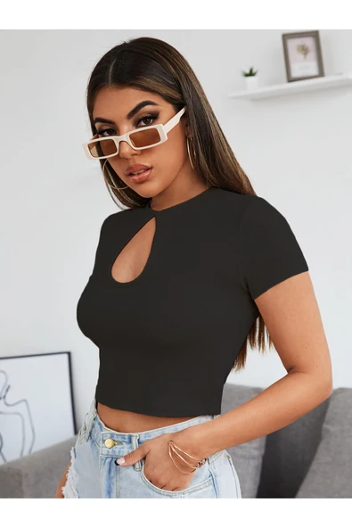 Degaje Bisiklet Yaka Siyah Renk Fitilli Kısa Kollu Slim Fit Crop Top Bluz - 5