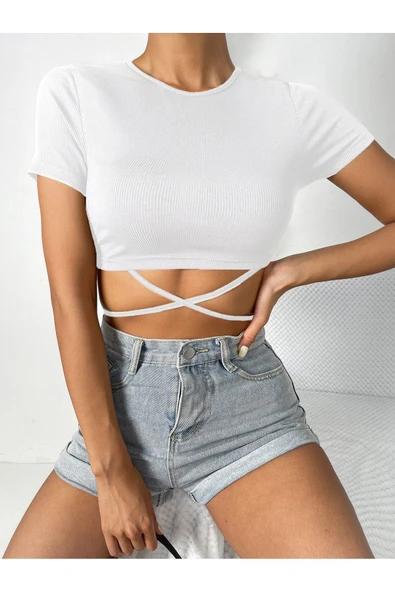 Beyaz Renk Bisiklet Yaka Düz Desensiz Likralı İpli Fitilli Kaşkorse Crop Top Kısa Kollu Bluz - 5