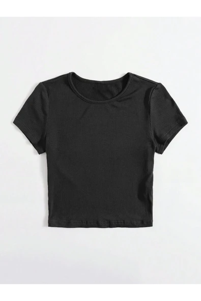 Bisiklet Yaka Siyah Renk Fitilli Kısa Kollu Slim Fit Crop Top Bluz - 2