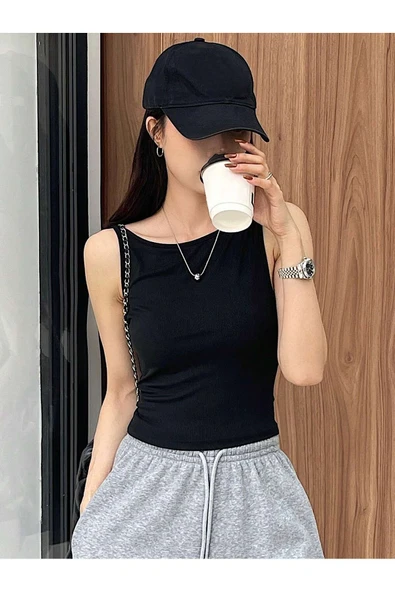 Havuz Yaka Omuzu Açık Askılı Siyah Renk Fitilli Crop Top Bluz - Resim 3