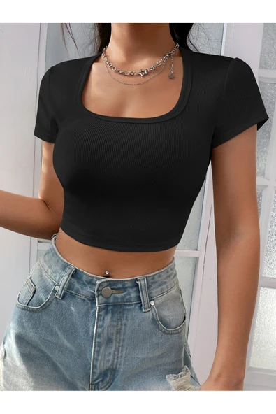 Kare Yaka Siyah Renk Fitilli Kısa Kollu Slim Fit Crop Top Bluz - 4
