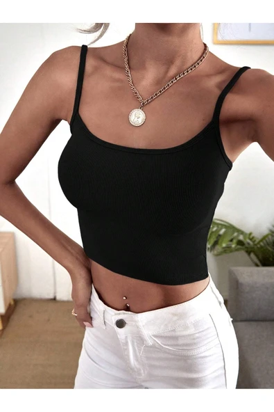 U Yaka Siyah Renk Desensiz Askılı Omzu Açık Fitilli Likralı Fit Crop Top Bluz - 4