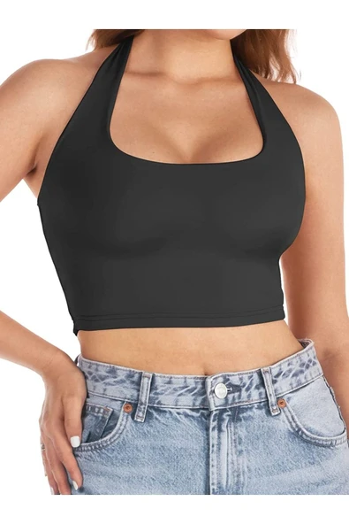 Kadın Kare Yaka Siyah Renk Crop Top Bluz - 6