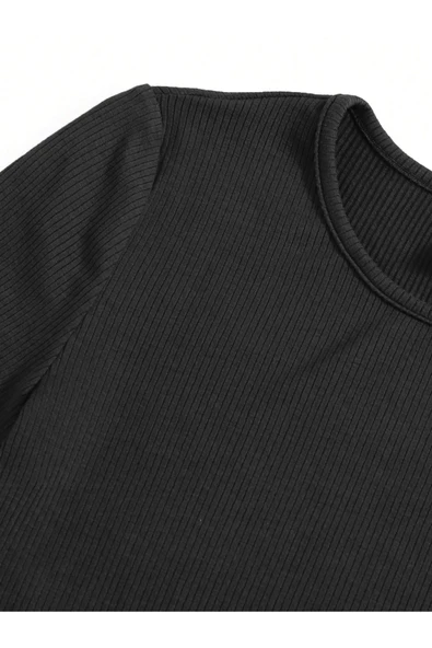 Bisiklet Yaka Siyah Renk Fitilli Kısa Kollu Slim Fit Crop Top Bluz - 4