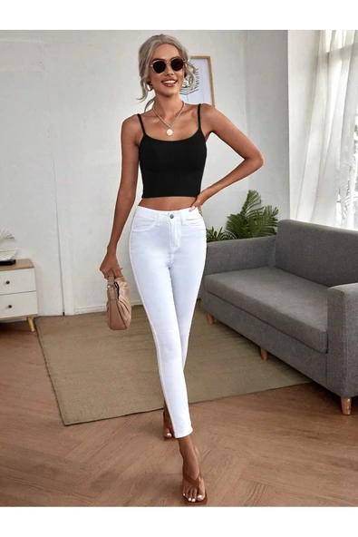 U Yaka Siyah Renk Desensiz Askılı Omzu Açık Fitilli Likralı Fit Crop Top Bluz - 6