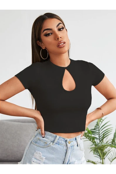 Degaje Bisiklet Yaka Siyah Renk Fitilli Kısa Kollu Slim Fit Crop Top Bluz - 4