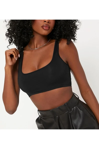 Kadın Kare Yaka Siyah Slim Fit Mini Crop Top Bluz