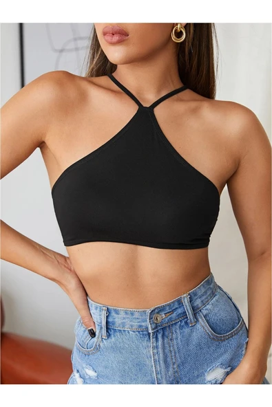 Kadın Siyah Renk Sırtı Açık Bağcıklı Sütyen Stil Super Crop Halter Bluz