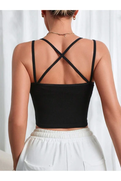 U Yaka Çapraz Askılı Siyah Renk Omzu Sırtı Açık Kolsuz Likralı Fit Crop Top Bluz - 2