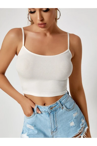 U Yaka Beyaz Renk Desensiz Askılı Omzu Açık Fitilli Likralı Fit Crop Top Bluz - 4