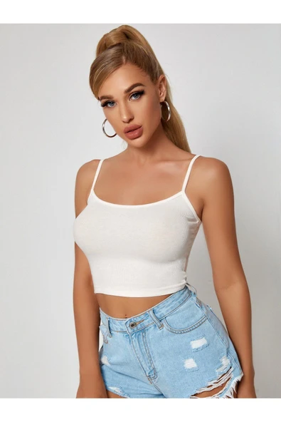U Yaka Beyaz Renk Desensiz Askılı Omzu Açık Fitilli Likralı Fit Crop Top Bluz - 5