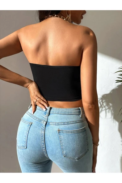 Kadın Siyah Straplez Crop Top Bluz - 4