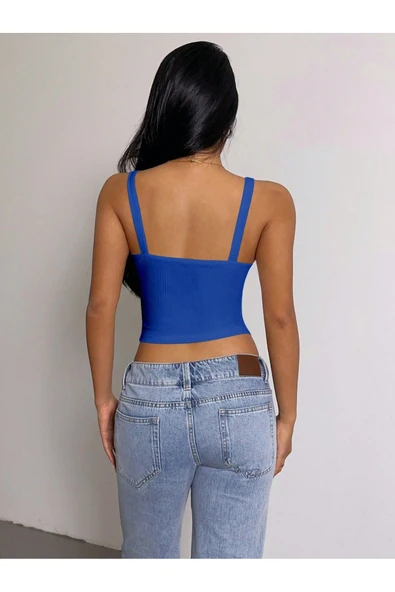 Mavi Renk Kalın Askılı Düz Desensiz Likralı Kaşkorse Fitilli Crop Top Bluz - 2
