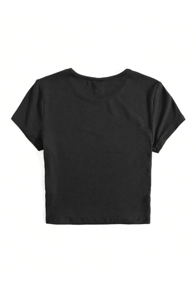 Bisiklet Yaka Siyah Renk Fitilli Kısa Kollu Slim Fit Crop Top Bluz - 3