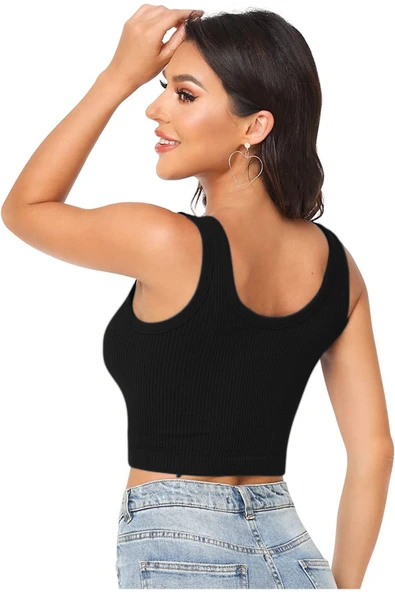 Kadın U Yaka Siyah Renk Crop Top Bluz Atlet - 3