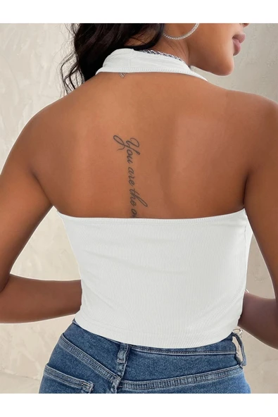 Kadın Boyun Askılı U Yaka Beyaz Renk Fitilli Crop Top Bluz - 2
