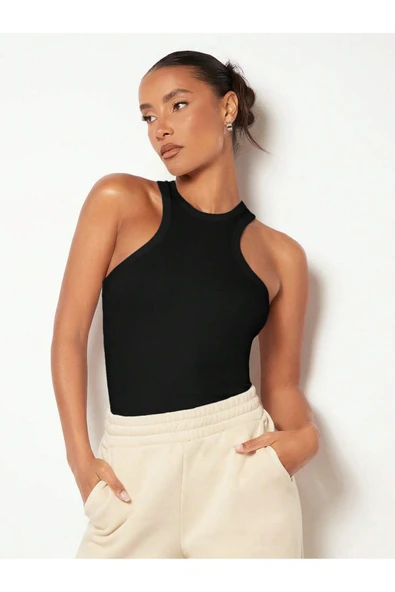 Siyah Renk Halter Yaka Düz Desensiz Likralı Fitilli Kaşkorse Regular Fit Bluz - 4