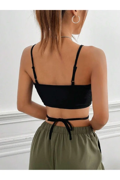 Yuvarlak Yaka Askılı Çapraz Bağcıklı Siyah Renk Fitilli Crop Top Bluz - 2