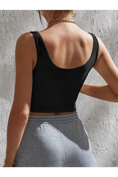 Kadın Kare Yaka Siyah Slim Fit Crop Top Bluz - 3