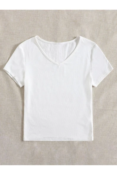 V Yaka Beyaz Renk Fitilli Kısa Kollu Slim Fit Crop Top Bluz - 2