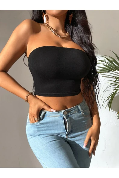 Kadın Siyah Straplez Crop Top Bluz - 3