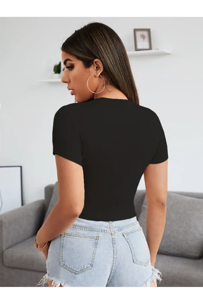 Degaje Bisiklet Yaka Siyah Renk Fitilli Kısa Kollu Slim Fit Crop Top Bluz - 2