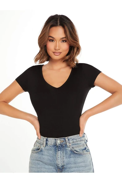 V Yaka Siyah Renk Fitilli Kısa Kollu Slim Fit Crop Top Bluz - 3