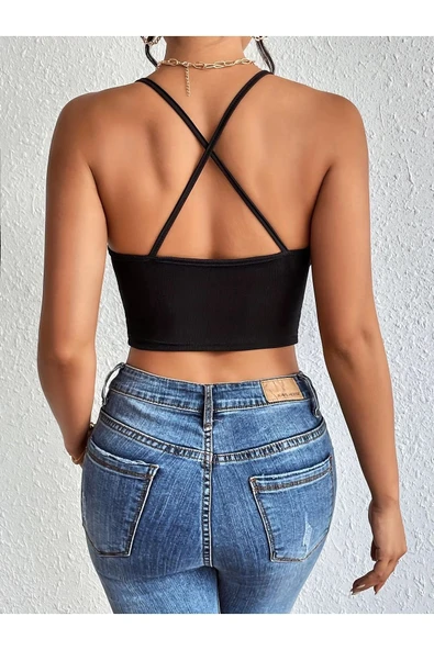 Siyah Renk U Yaka Düz Desensiz Likralı İnce Askılı Fitilli Kaşkorse Fit Crop Top Bluz