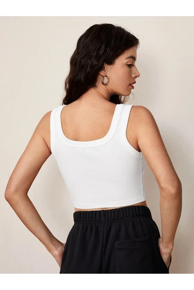 U Yaka Askılı Beyaz Renk Fitilli Crop Top Büstiyer - 3