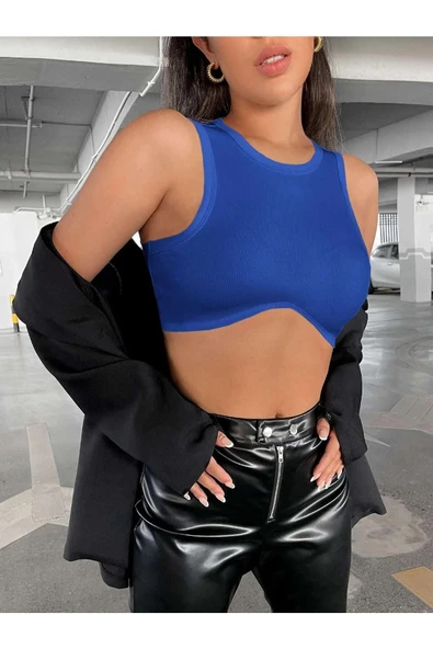 Kadın Mavi Bisiklet Yaka Asimetrik Crop Top Büstiyer - 4