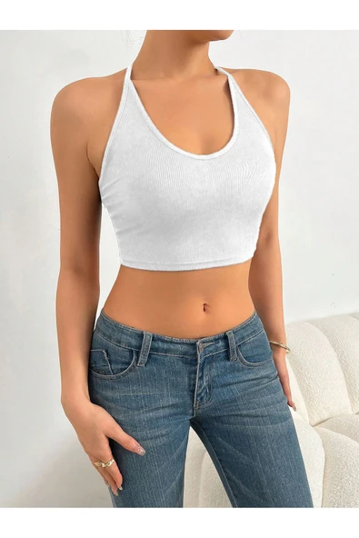 U Yaka Boyun Askılı Beyaz Renk Fitilli Crop Top Büstiyer - 4
