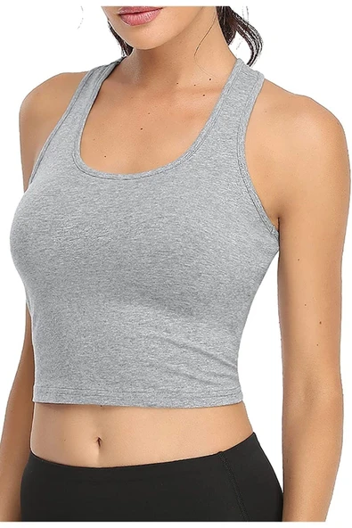 Kadın Gri Melanj U Yaka Yüzücü Sırtlı Crop Top Büstiyer