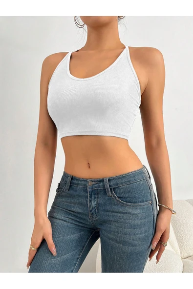 U Yaka Boyun Askılı Beyaz Renk Fitilli Crop Top Büstiyer - 5