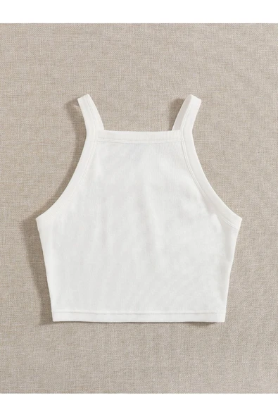 Düz Yaka Askılı Beyaz Fitilli Crop Top Büstiyer - 2