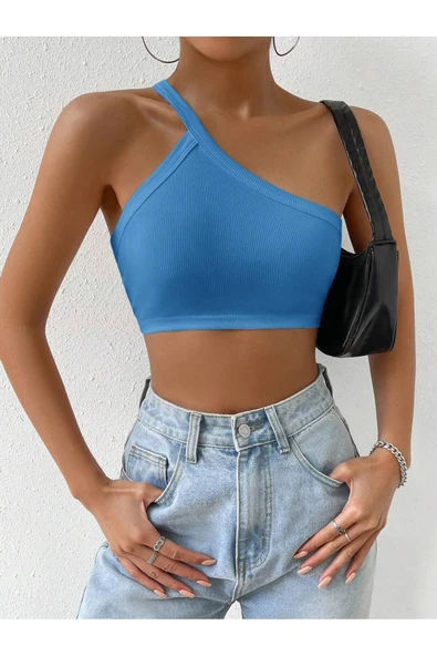 Asimetrik Yaka Mavi Renk Desensiz Fitilli Kolsuz Tek Omuz Askılı Likralı Fit Crop Büstiyer - 7