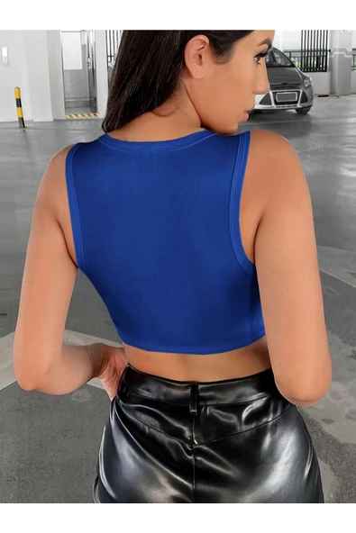Kadın Mavi Bisiklet Yaka Asimetrik Crop Top Büstiyer - 2